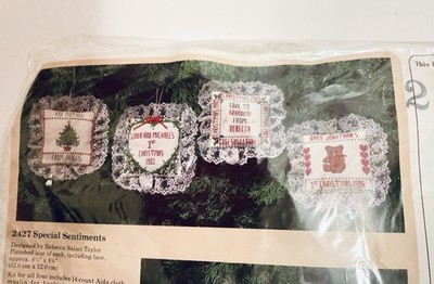 1985 THE CREATIVE CIRCLE CROSS STITCH SPECIAL SENTIMENTS (4) ORNAMENTS W/ LACE