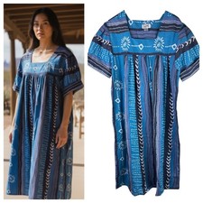 Vtg Saybury House Midi Dress Muumuu Sz 1X 16 18 Blue Southwestern Trad Wife b
