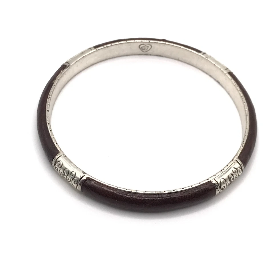 BRIGHTON Bangle Bracelet Brown Leather & Silver Plate Stackable Boho Cottagecore - Image 3 of 4