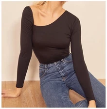 Reformation Les Asymmetrical Neck Knit Top Long Sleeve Size Medium Black Knit