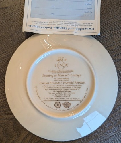 Evening at Merriot’s Cottage Thomas Kinkade Bradford Exchange Lenox plate W/ COA - Picture 3 of 4
