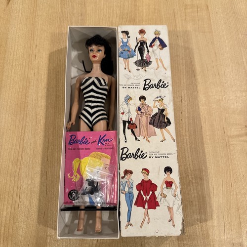 RARE! Vintage 1961 Brunette Ponytail Barbie. Suit/Box/ Shoes/Booklet/ Stand
