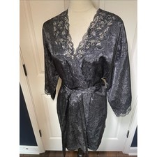 NWT VTG Victoria's Secret Gold Label Black Satin Jacquard Lace Trim Kimono Robe