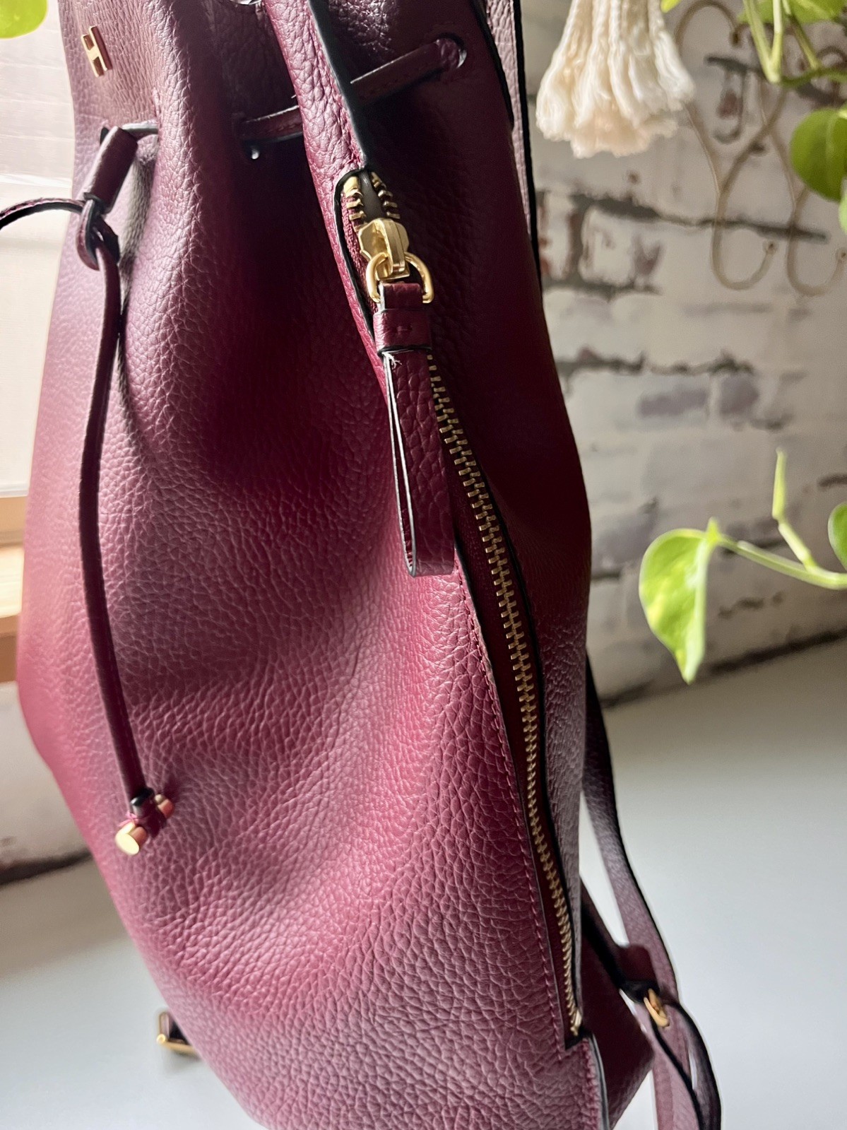 Halston Maroon Leather Drawstring Backpack with G… - image 13
