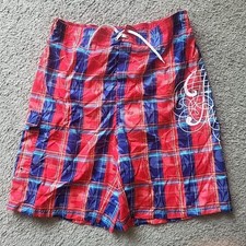Phat Farm Swim Shorts Mens Large Red Blue Plaid Lined Board Hybrid Trunks Pants