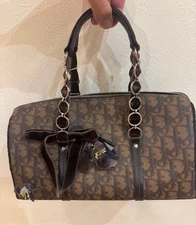 Christian Dior Romantic Flower Tote Bag Dark Brown Canvas from Japan Used Auth !