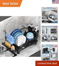 Multi-Functional Dish Drying Rack with Utensil Holder and Drainboard - Black