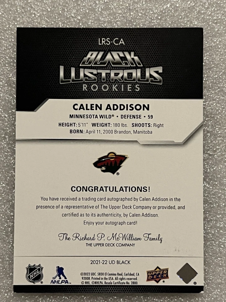 2021 UD Black Lustrous Rookies Auto /199 Calen Addison #LRS-CA Minnesota - Image 2 of 2