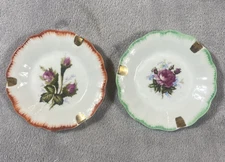 2 Vintage Porcelain Ashtrays Hand Painted Roses Victorian Ladies Gold Rim Japan
