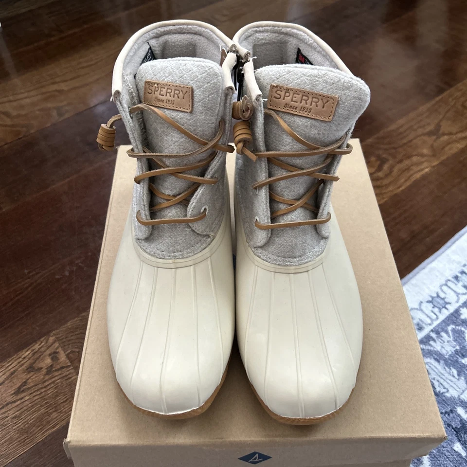 Nuevo Con Caja Sperry Agua Salada Lana Lino Impermeable Pato Botas Off White Talla 9 Foto 2 de 4