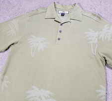 Tommy Bahama Mens Silk Cotton Polo Shirt M Green Jacquard Palm Trees Loop Collar