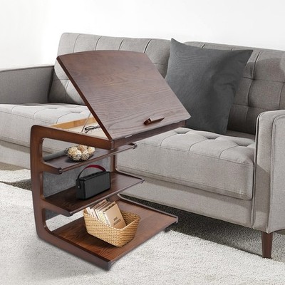 C Shaped End Table 4-tier Modern Side Table for Living Room w/Wheel Walnut Color