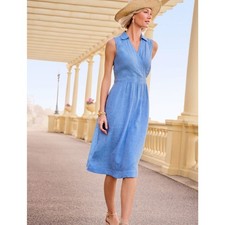 Talbots Womens 12 Light Blue 100% Linen Faux Wrap Midi Shirt Dress NEW Preppy