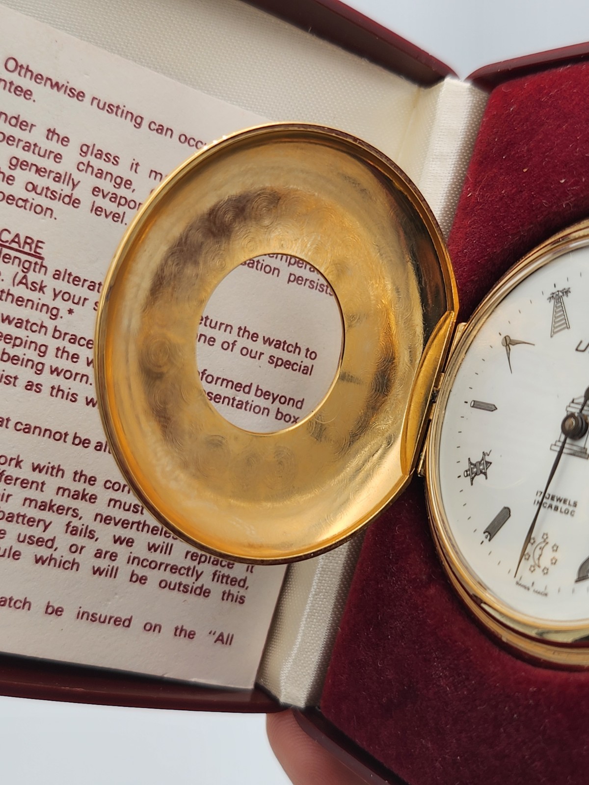 UNO Half Hunter Masonic Pocket Watch Gold Plated Manual 17J White Dial Roman Box image 3