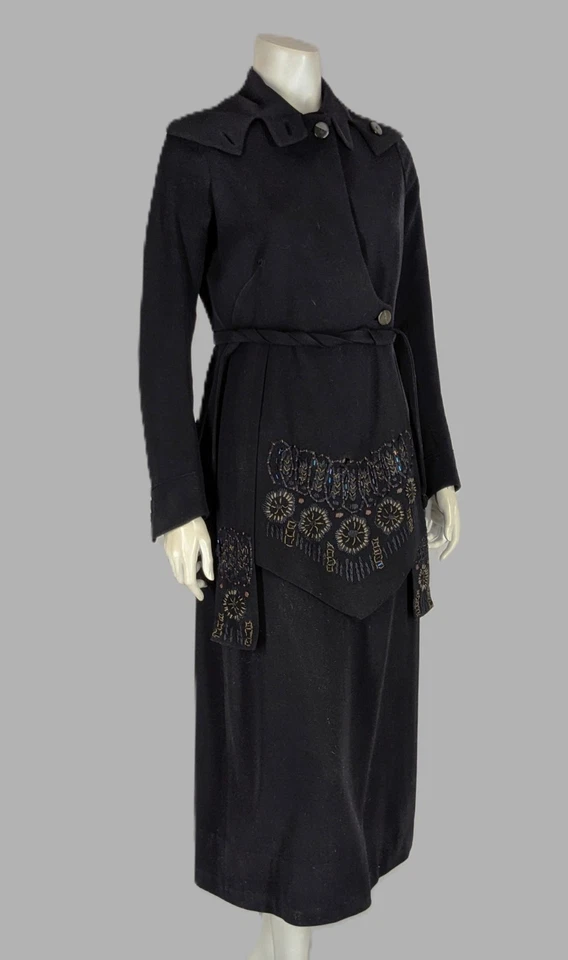 古董 Edwardian 1910 年代羊毛步行裙套装串珠夹克 + 衬衫 + 围巾 — 第 3/4 张图片