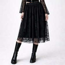 Fairy Whimsigoth Velvet Floral Flocking Mesh Skirt Women L Black Sheer Goth NWT