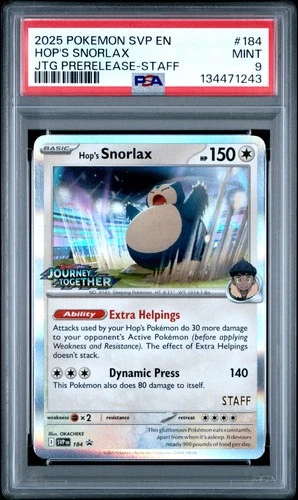 2025 POKEMON SVP PROMO JOURNEY TOGETHER PRERELEASE STAFF HOP'S SNORLAX PSA 9