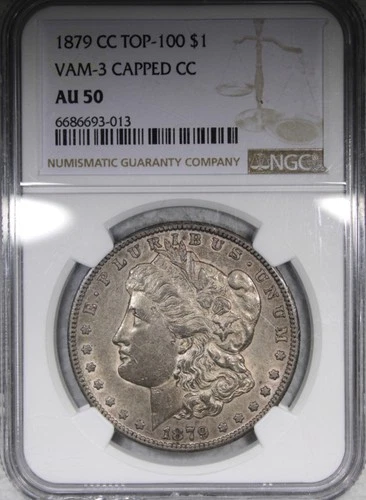 1879-CC Capped Die Morgan Dollar NGC AU50 Circulated Better Date $1 Chipped Hold