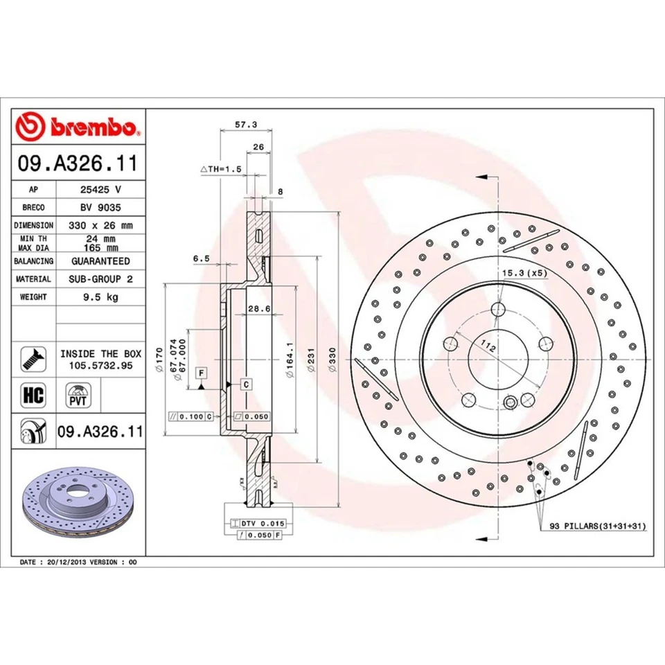 Brembo 09.A326.11 Brake Discs Rear  for MB Mercedes 2044230412 C63 AMG 2008-2015 Foto 3 de 3