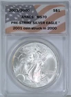 2001/2000 Silver Eagle MS 70 ANACS Nice Lustrous Coin! USM