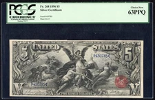 1896 $5 Five Dollar Educational Silver Certificate Note Fr268 UNC PCGS CU 63 PPQ