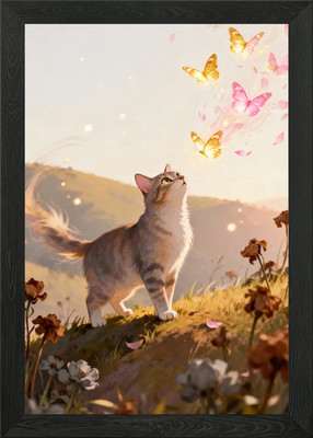 Gerahmtes Wandbild Poster Leinwanddruck Bild Katze blickt auf Schmetterlinge auf Wiese