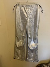 Fashion Nova Women s Silver Metallic Faux Leather Wide Leg Pants With Pockets S