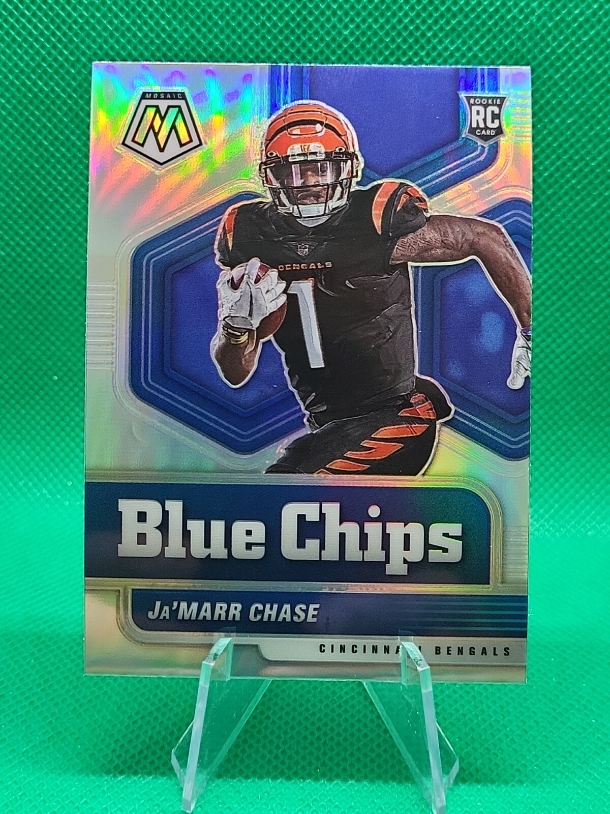 2021 Mosaic Blue Chips Silver Prizm Ja'Marr Chase RC #7 (Bengals)