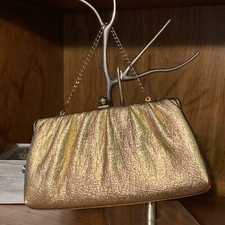 Vintage Gold Clutch Purse Handbag w Metal Strap 80s Quiet Luxury Pretty In Pink