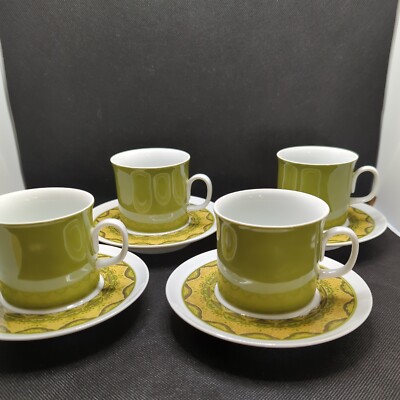 4 Dead Stock NOS Avocado Green Royal Prestige Mandala Cup & Saucer Granada MCM 