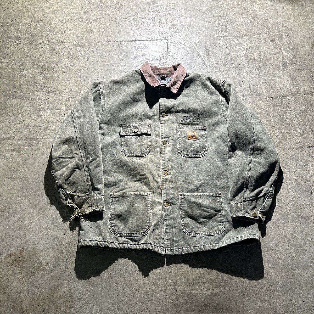 ジャケット・アウター Carhartt Chore Coat Zip Type Made in USA Vintage Made In USA Washed Olive Green Carhartt Chore Jacket