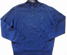 New Ralph Lauren Polo Fleece Lined Navy Cotton Blend Button Collar Sweater sz S
