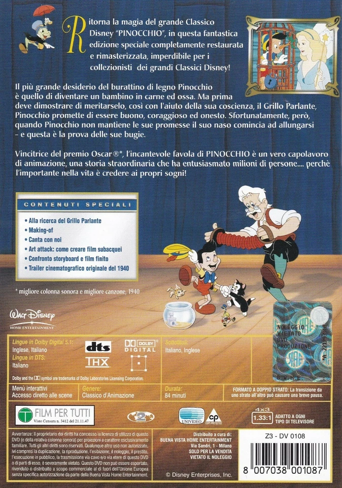 Pinocchio (Disney Edizione Speciale Fullscreen DVD) (Region 2) Inglese, Italiano - Image 2 of 2