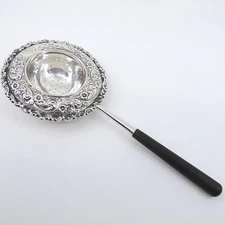 BLACK STARR FROST Antique Sterling & Wood Over Cup Tea Strainer Chased Repousse