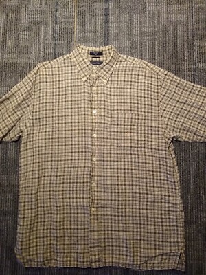Nautica 100% Linen Plaid XL Men's Short Sleeve Button Down Tan Pocket Shirt