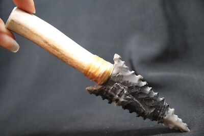 #ad Flint Knapped Knife Arkansas Novaculite on Deer Antler Handle w Leather Sheath $69.99