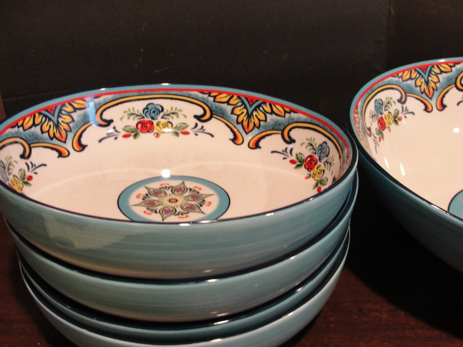 EURO CERAMICA ZANZIBAR PASTA SET 4 SMALL BOWLS 8 1/2" AND LARGE BOWL