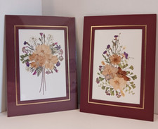 Vintage Creative Graphics Pressed Flowers in 5"x7" Burgundy Mat Set of 2