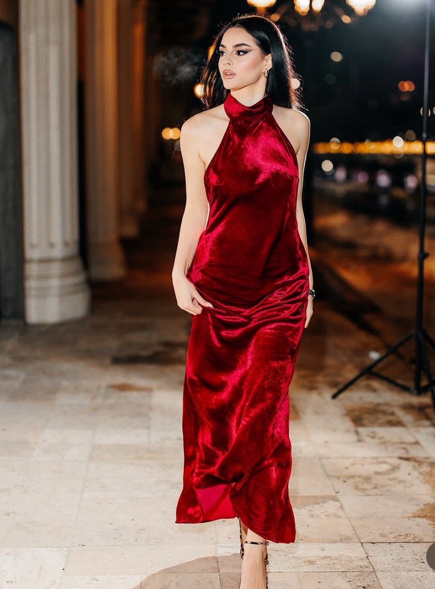 関税送料込【MAC DUGGAL】ロング ドレス ホルターネック レッド ZARA WOMAN FW24 RED WINE VELVET HALTER MAXI DRESS| 9854/070
