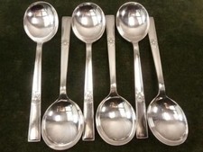 6 Nice Vintage Walker Hall Soup Spoons Atlantic Pattern Silver Plated C1954