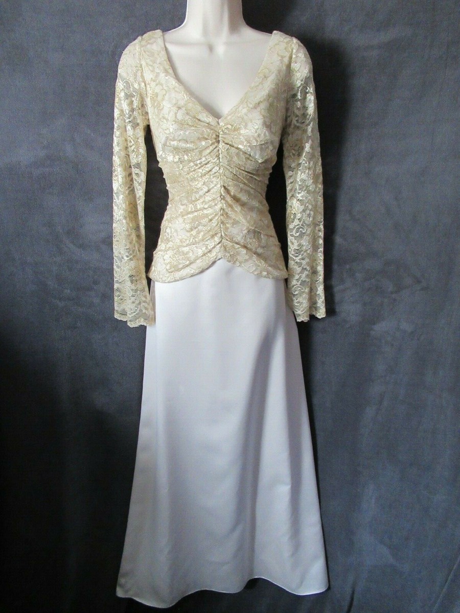 NWT JS Collections Beige Satin Gold Lace Ruched Long Sleeve Formal