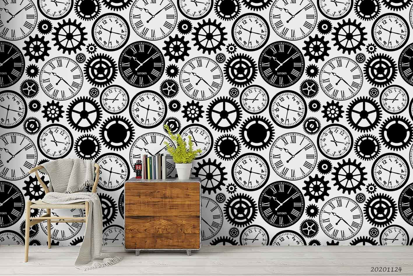 3D Clocks Seamless Wallpaper Wall Mural Removable Self-adhesive Sticker7345