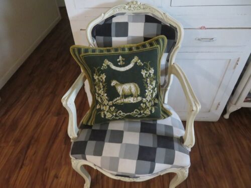 Aubusson style FRENCH COUNTRY Needlepoint Pillow Cover LAMB Gold & Drk Grn - Picture 7 of 9