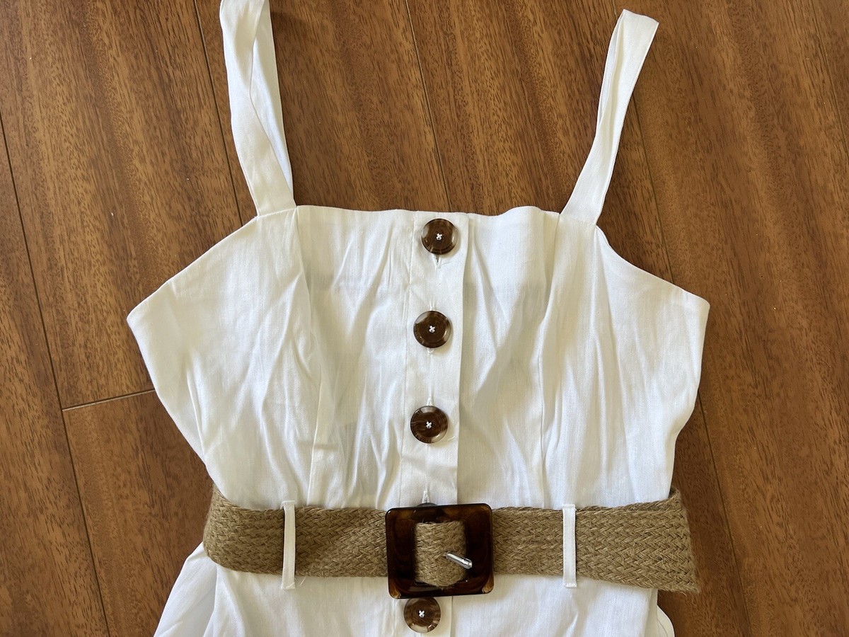 Forever 21 White Belted Linen Woven MIDI Dress Size Medium Sleeveless  Button Up | eBay