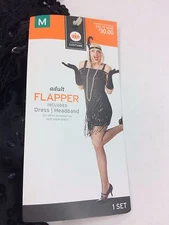 Flapper Costume Med Adult, Black, Dress, Headband, New Package New Year's Womens