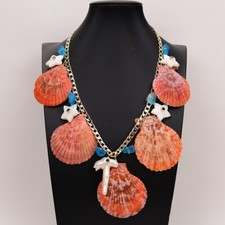 23" Natural Orange Sea Shell Blue Glass Pearl Starfish Necklace Pendant