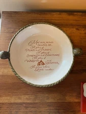 Amscan Home  10” Deep Pie Plate Stoneware Sentiment Inside Green Ivory w/Handles