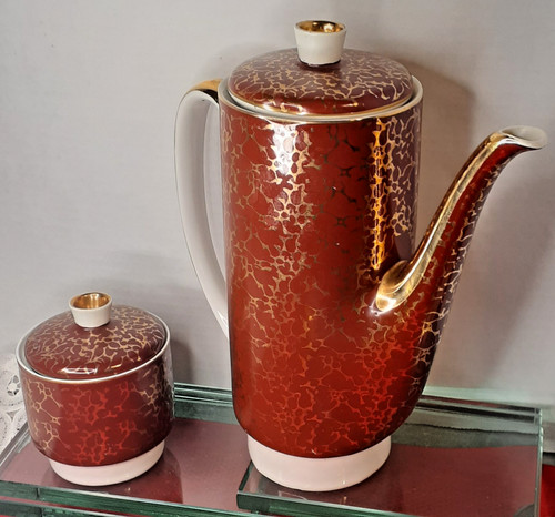 Cmielow Wincenty Potacki Teapot Burgundy & Gold, Made in Poland, Free Sugar Bowl