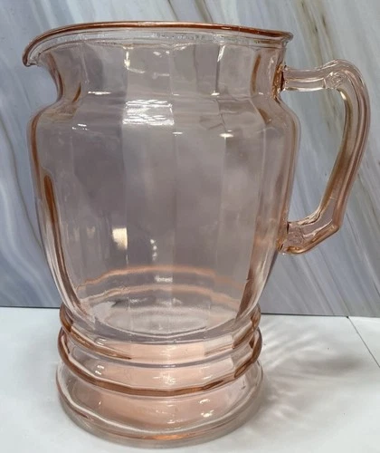 Pink Depression Glass Water Pitcher Unknown Maker 8” Tall Holds Approx 50 Oz