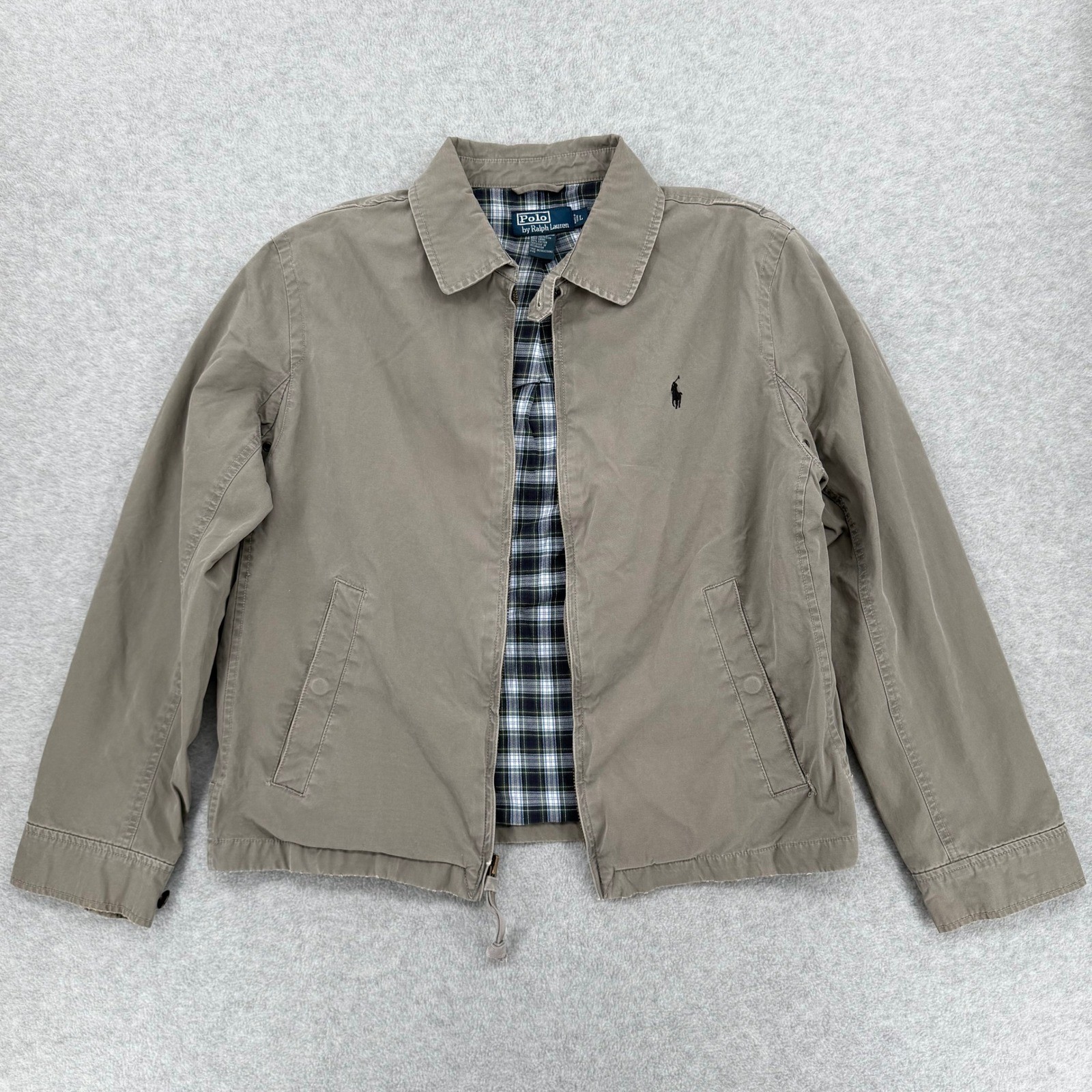 VTG Polo Ralph Lauren Harrington Bomber Jacket Mens Large Tan Plaid Lined Canvas